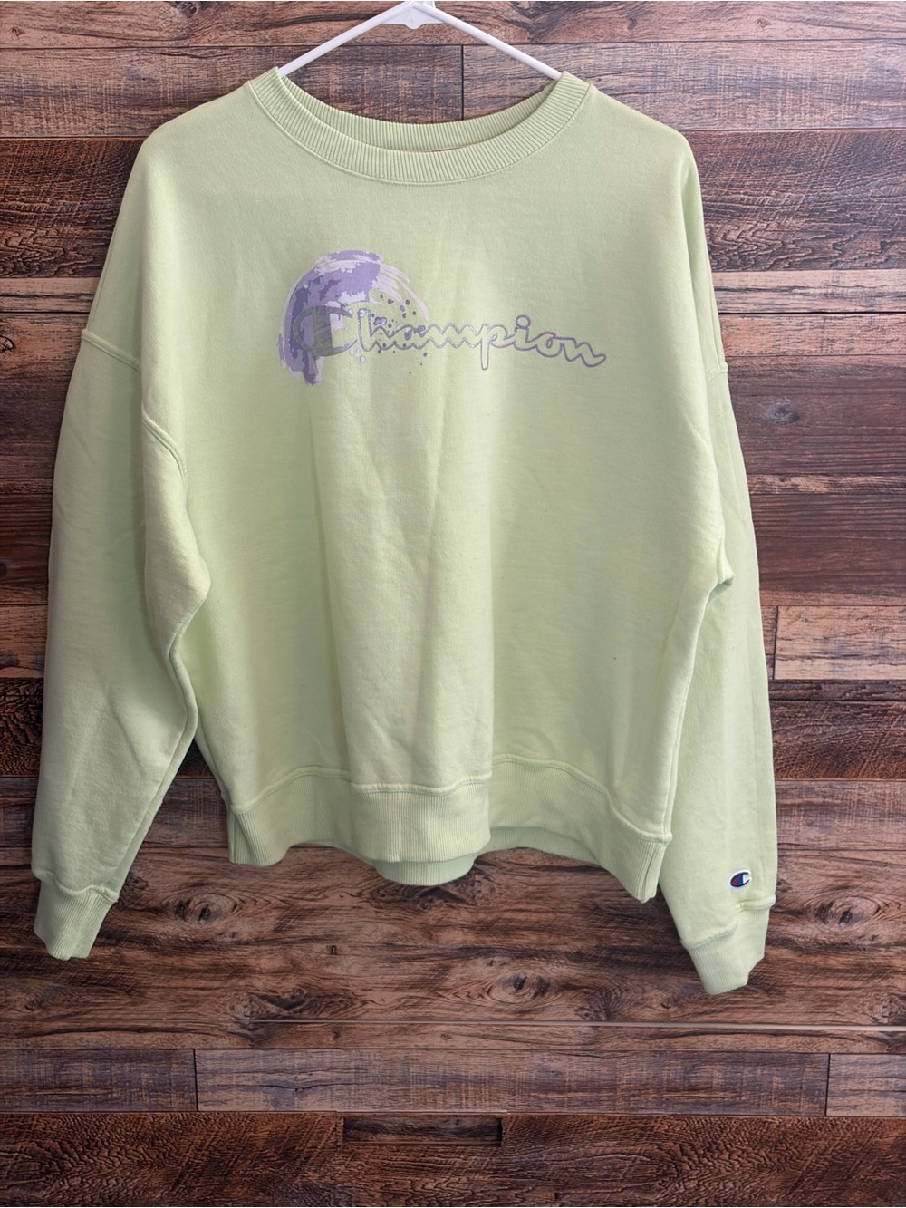 Champion Light Green Crewneck Sweatshirt with Lavender Logo